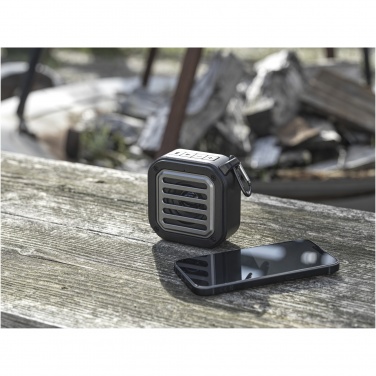 Logo trade advertising product photo of: Solo 3W IPX5 RCS recycled plastic solar Bluetooth® speaker with carabiner 